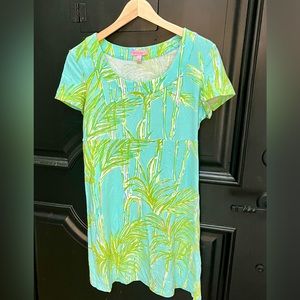 Lilly Pulitzer Palm Tree Print Cotton Short Sleeve Dress Light Blue/Green Small
